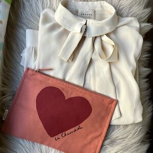 NWT Sezane LIVES Silk blouse removable bow cream FR38/6/s with gift pouch